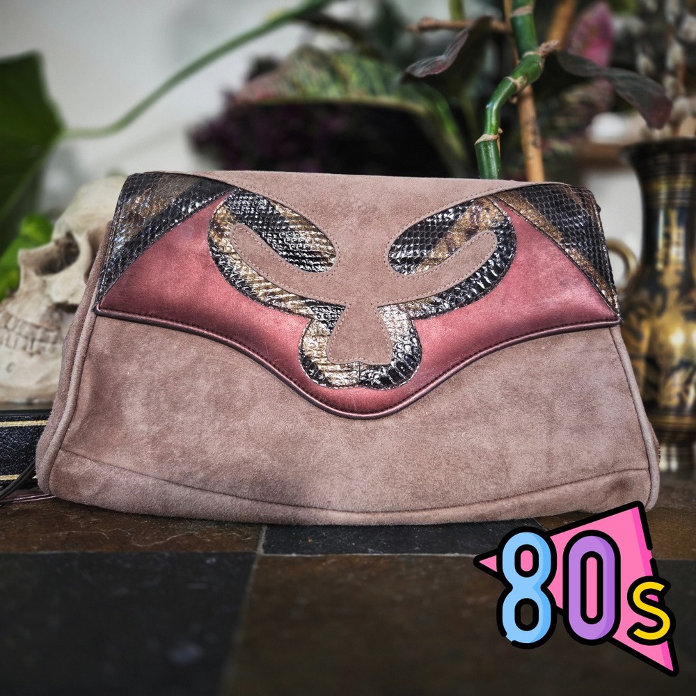 Jasmin Snakeskin Suede Purse Vintage 80s Mauve Leather Shoulder Bag Handbag 12in